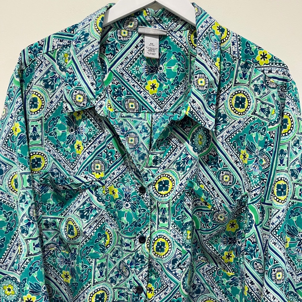 Catherines Womens Top 4X Blue Green‎ Paisley Geometric Button Up Tunic Casual - Picture 4 of 7